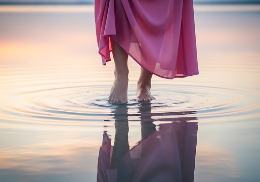 Woman in red dress walking through shallow water reflection illustration