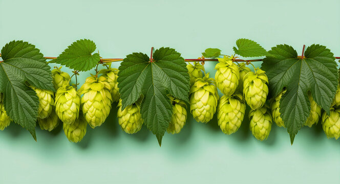 Fresh green hop cones and leaves hanging on a vine against a mint background. Organic beer brewing ingredient and humulus lupulus plant. Craft brewery concept, ideal for label design and branding.