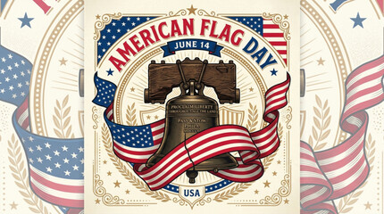 American flag day illustration with liberty bell and patriotic elements on cream background © Farhat