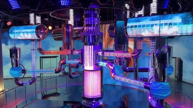 Futuristic water-to-water power reactor features illuminated pipes and vibrant colors, set in a high-tech studio environment with dynamic lighting