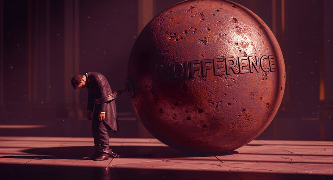 A businessman is chained to a massive rusty ball with the word INDIFFERENCE engraved on it. The man stands slumped under the heavy weight of the sphere. Conceptual image for apathy and burnout.