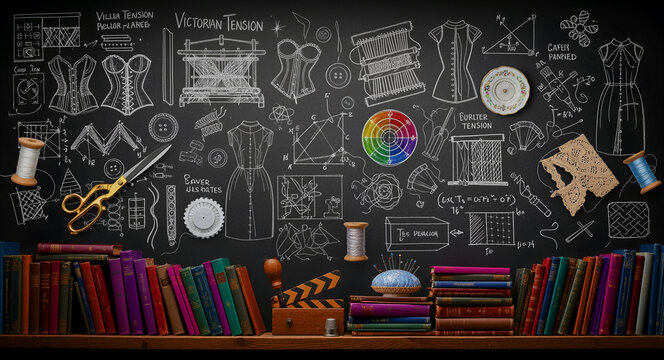 Vintage fashion design sketches and tools on a blackboard. Victorian dress patterns and corsets shown with sewing equipment. Historical tailoring concept for fashion education and marketing.