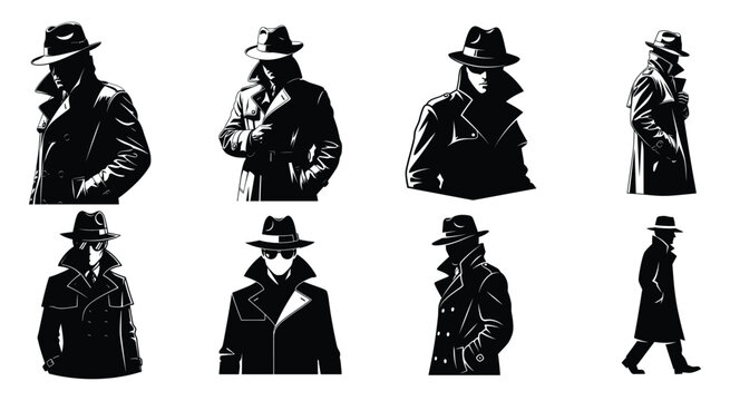 Silhouettes Of Men In Hats And Trench Coats Black And White