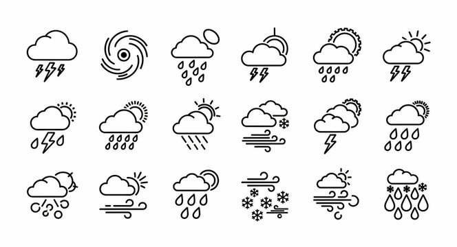 Collection of 18 weather line icons including clouds, sun, and rain. Linear graphics featuring lightning, snow, and wind symbols. Meteorology icon set for apps and web UI design.
