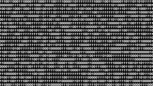 Digital binary code scrolling on black screen representing data stream in computer cyberspace