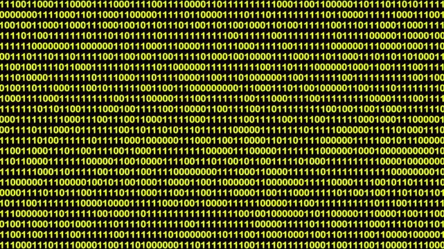 Abstract digital stream of yellow binary code flowing on black background, data concept