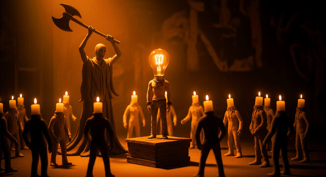 Lightbulb figure on a pedestal threatened by an executioner with an axe. Candle-headed observers surround the glowing innovator in a dark setting. Metaphor for suppression of new ideas.