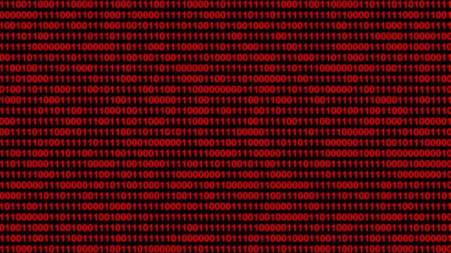 Red binary code background digital data stream, computer screen with running numbers