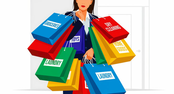 Woman carrying numerous shopping bags labeled groceries and laundry. Busy woman juggling multiple household chores and errands. Concept of domestic workload and time management in a flat vector style.