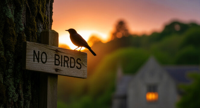 Bird perched on a wooden sign saying NO BIRDS during a sunset. Silhouette of a small bird ignoring a warning in a rural garden. Irony and humor concept for social media or editorial content.