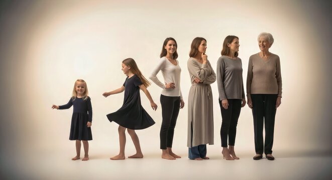 Multi Generational Family Standing in a Line Casual Attire Minimalist Studio Setting