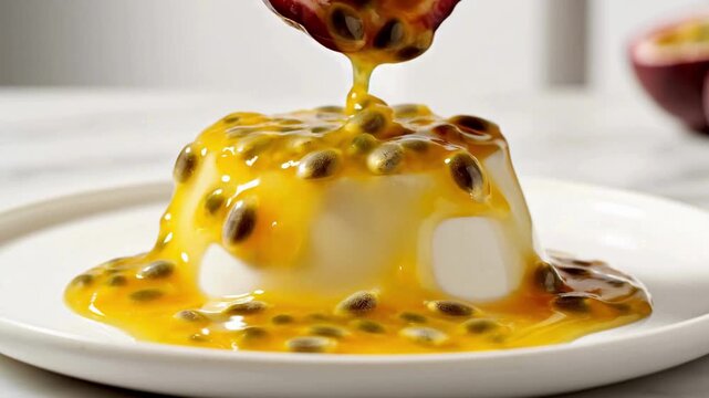 Pouring fresh passion fruit pulp over creamy vanilla panna cotta dessert