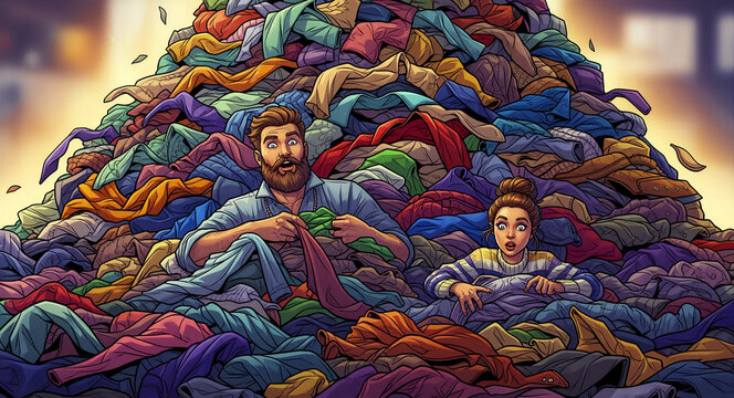 Shocked couple buried under an immense pile of colorful clothing. Cartoon illustration of a man and woman overwhelmed by a mountain of laundry. Fast fashion waste and decluttering concept.