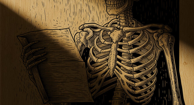 Human skeleton reading a book in a vintage woodcut style. Intricate linocut illustration on a textured wood background. Memento mori and dark academia concept, ideal for Gothic literature themes.