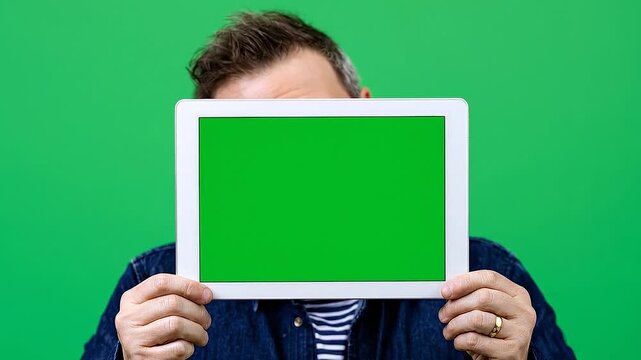 Unrecognizable man holding a blank tablet with green screen covering his face on a chroma key background.