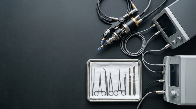 Medical surgery equipment set including forceps, scalpels, scissors and electro-cautery device with monitors
