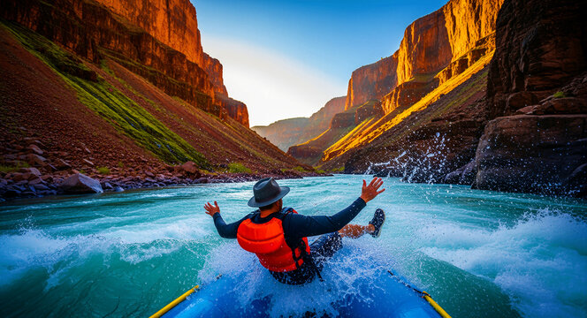 Man falling from raft into white water rapids in a canyon. Traveler wearing life jacket on a river adventure trip. Extreme sports and active lifestyle concept for travel marketing.