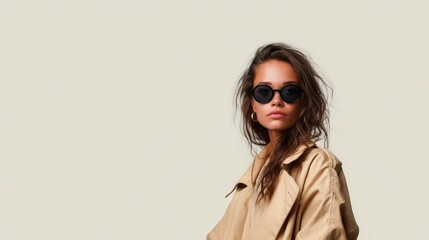 Naklejka premium A fashionable woman poses confidently in a beige jacket and trendy black sunglasses, showcasing a modern and sophisticated look against a minimalist background.