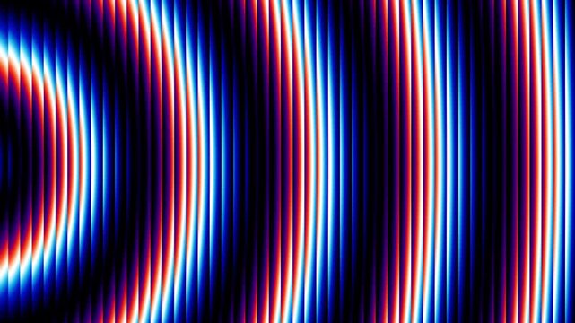 Colorful futuristic neon circles through textured glass. Luminous rings slowly rotating and distorted by ribbed glass for creative projects, digital