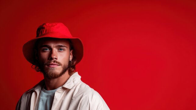 A young man with a stylish red hat poses confidently against a vivid red background, showcasing modern fashion and a strong, assertive persona that draws attention.