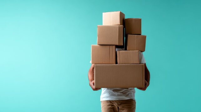 An individual struggling to keep balance while carrying stacked cardboard boxes, highlighting the challenges of life and the determination to overcome obstacles despite the weight.