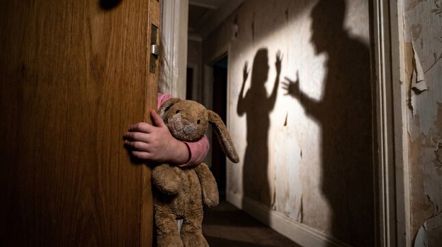Scared Child Holding Teddy Bear Hiding from Arguing Parents