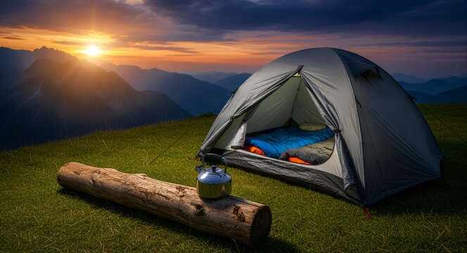 Gray camping tent on a mountain ridge at sunrise. Sleeping bags inside the tent and a kettle on a log overlook the peaks. Adventure travel concept for outdoor lifestyle and hiking campaigns.