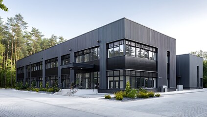 Fototapeta premium Modern industrial building with a sleek dark facade and large windows, set against a backdrop of lush green trees and a clear sky. The building features clean lines and a contemporary design.