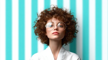 Obraz premium A striking portrait of a confident young woman wearing glasses, showcasing her unique style against a striped turquoise background that elevates her presence and allure.