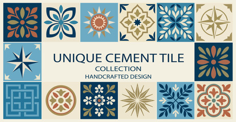 Vintage Moroccan Cement Tile Collection: Handcrafted Mediterranean Encaustic Floor and Wall Tiles, Traditional Geometric and Floral Pattern Set for Interior Design, Decorative Bohemian Style Ceramic. © Surajkalangada