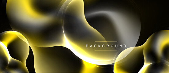 Naklejka premium Abstract fluid shapes overlap, creating dynamic gold, gray gradients. Dark background emphasizes luminous curves, modern design element.