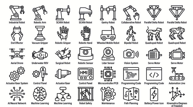 Collection of various robot and automation icons