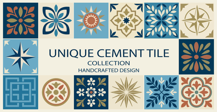 Vintage Moroccan Cement Tile Collection: Handcrafted Mediterranean Encaustic Floor and Wall Tiles, Traditional Geometric and Floral Pattern Set for Interior Design, Decorative Bohemian Style Ceramic.