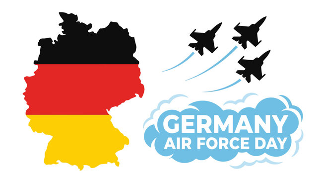 Germany Air Force Day celebration with aerial display of fighter jets over German map outline