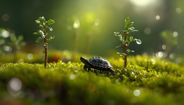 Miniature Turtle Walking Across Wet Moss in Enchanted Tiny Forest Scene