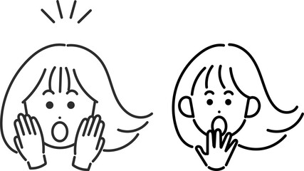 Fototapeta premium 驚くリアクションの女性の顔のイラスト素材セット 線画のみ