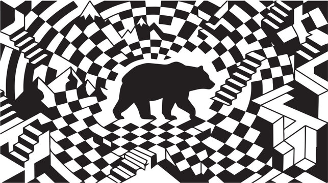 Bear stands in the center of an impossible architectural landscape with stairs and mountains.