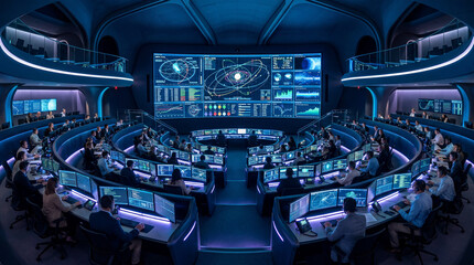 Obraz premium Mission control team monitoring space operations on large digital screens in futuristic command center