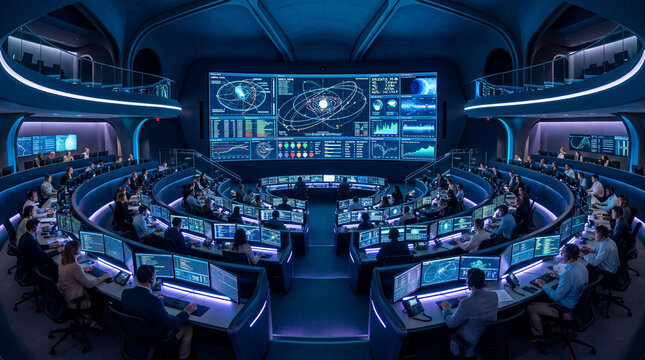 Mission control team monitoring space operations on large digital screens in futuristic command center