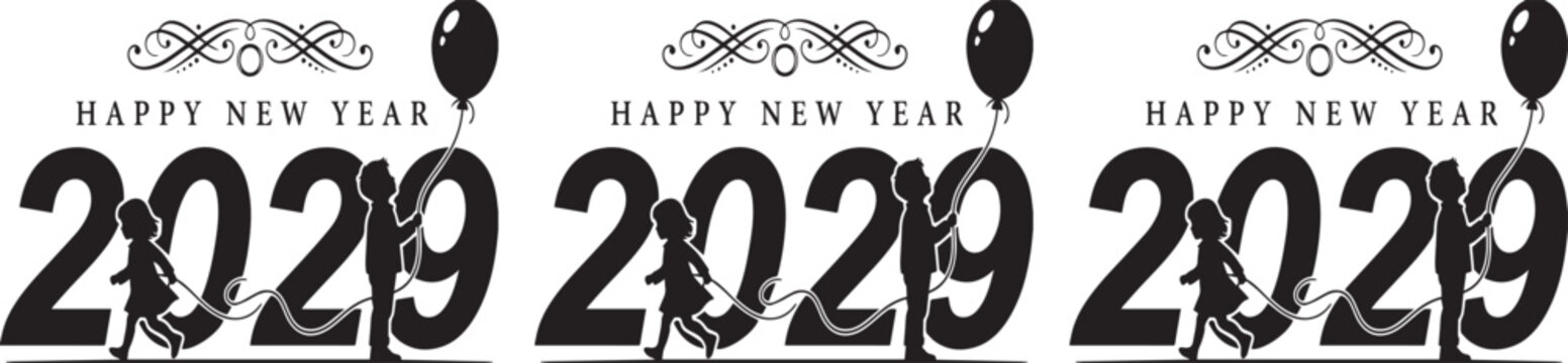 Happy new year 2029 typography with balloon and flourish elements