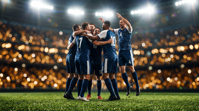 Soccer team celebrating victory on field at night with stadium lights and cheering crowd