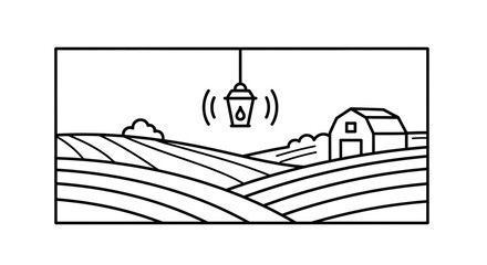 Naklejka premium Smart Farm Technology: Smart Lamp Over Rolling Fields and Barn