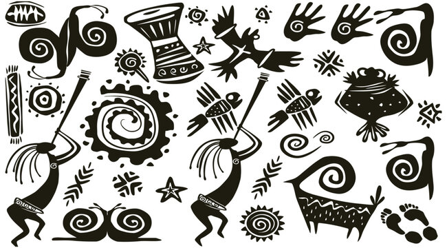 Collection of ancient tribal symbols and cultural motifs representing nature, animals, and human figures in a black and white graphic style, ideal for ethnic design elements