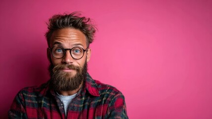 Obraz premium A stylish man with a beard, glasses, and fashionable attire poses confidently against a vivid pink background, showcasing a modern and trendy vibe.
