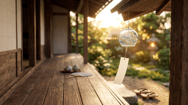 Japanese summer wind chime veranda with blank paper with copy space on left