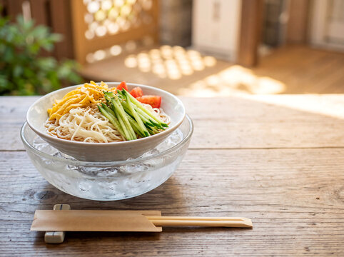 Summer cold noodle lunch with copy space on left