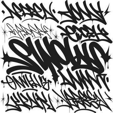 Collection of black graffiti tags and lettering on transparent background.