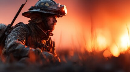 Fototapeta premium A firefighter with a headlamp sits on the ground, silhouetted against an intense sunset backdrop, highlighting the courage and dedication of those who protect us from danger.