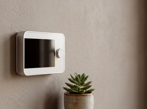 Smart home thermostat wall with blank display with copy space on right