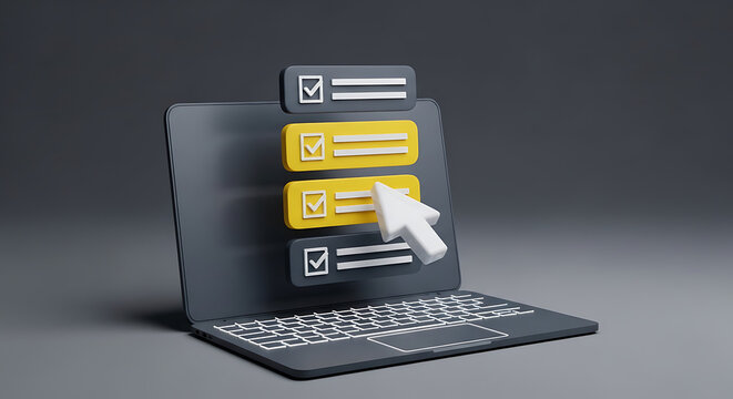 Laptop screen displaying checklist and cursor selecting an item with checklist selection technology computer progress interface business document complete